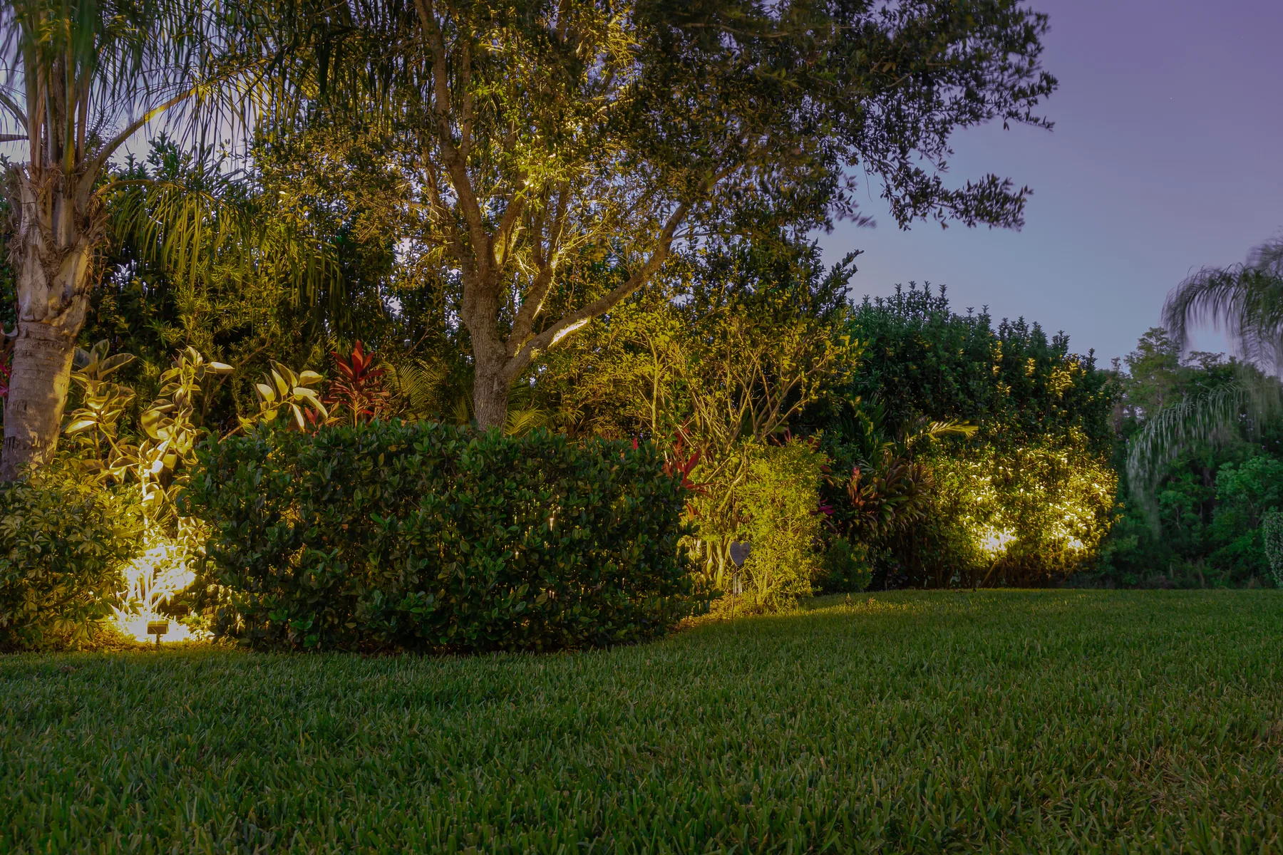 Craftsman home with warm landscape and pathway lighting at dusk