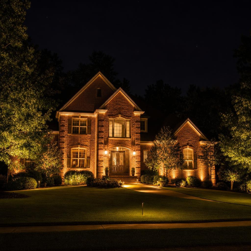 Luxury property exterior with warm outdoor landscape lighting at night boosting curb appeal — Greenville SC