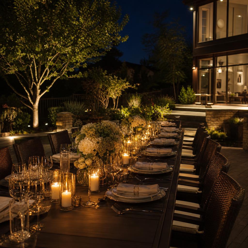 Outdoor entertaining area with warm layered lighting extending the usable hours after sunset