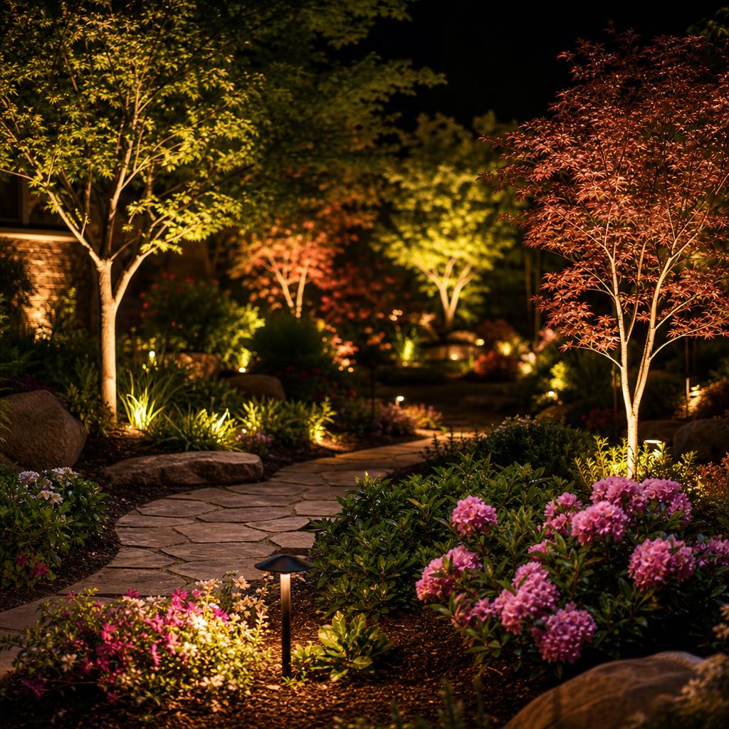 Landscape lighting illuminating trees, garden beds and stonework at night — Simpsonville SC