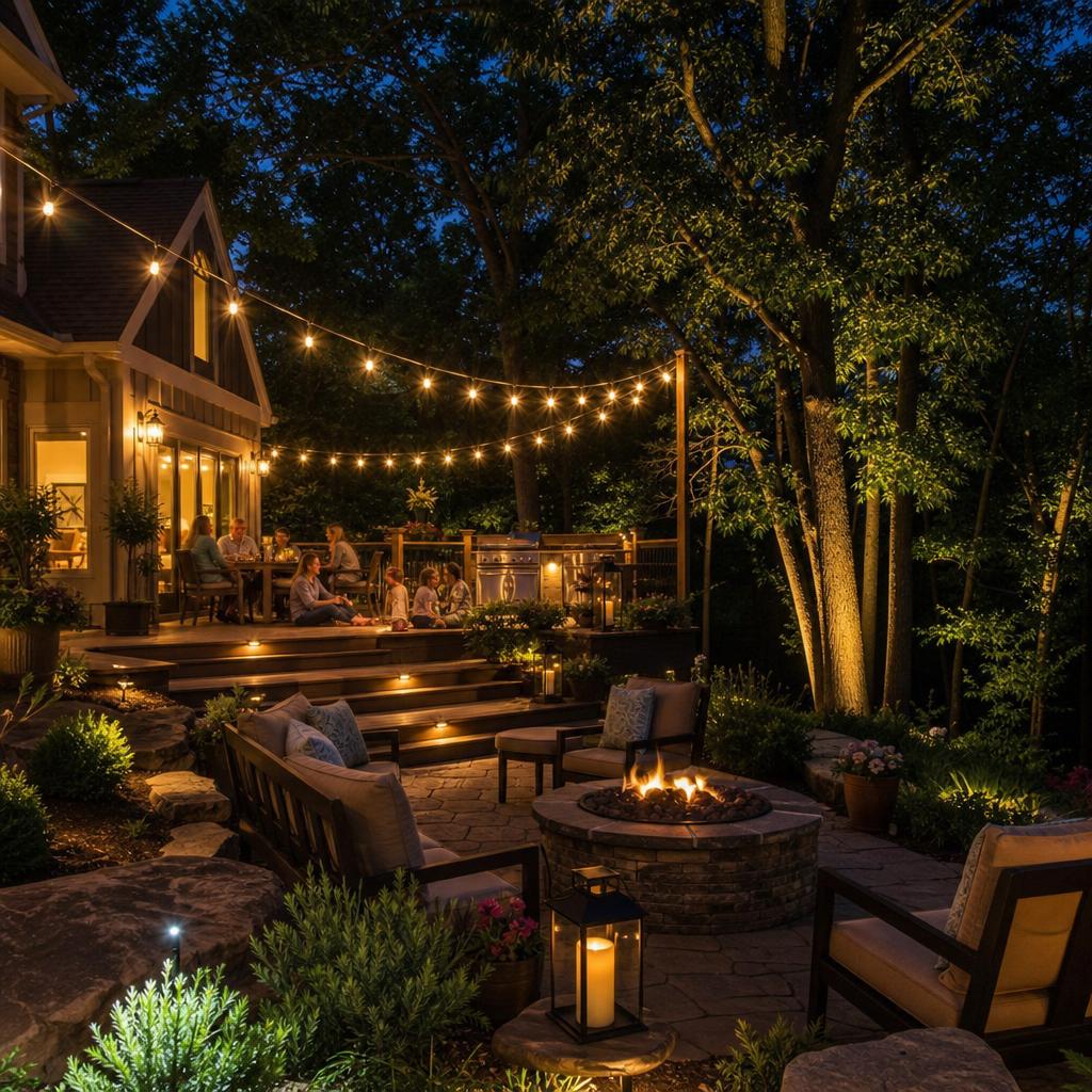 Beautifully illuminated outdoor living space designed for comfortable evening entertaining