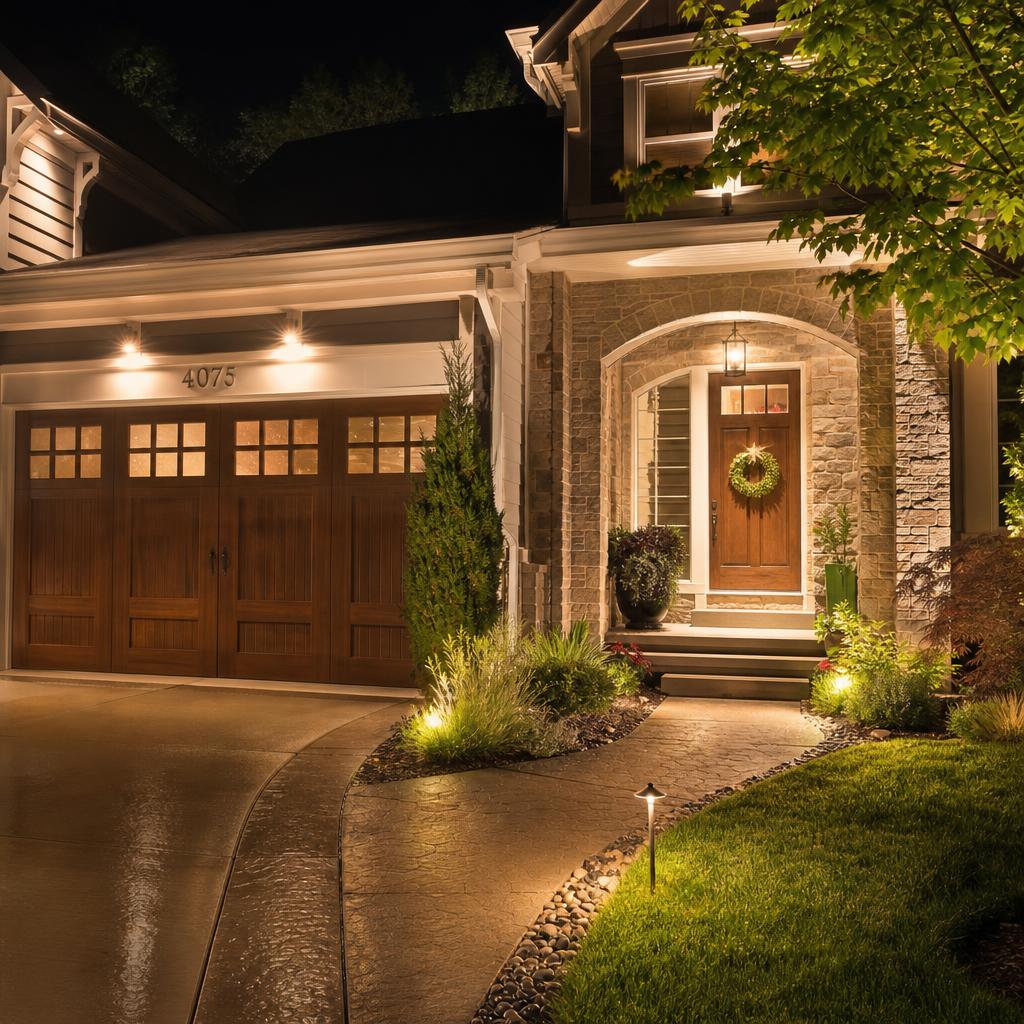 Well-lit property exterior reducing dark zones for improved security — outdoor lighting Upstate SC